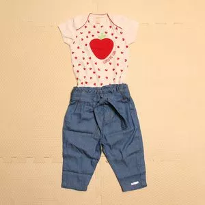 Conjunto De Body & Calça Jeans Reta<BR>- Laranja Claro & Azul Escuro