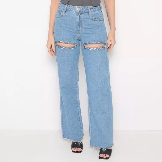 Calça Jeans Reta Com Pedrarias- Azul