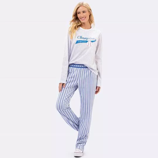 Pijama Com Inscrições Listrado- Branco & Cinza- Veggi