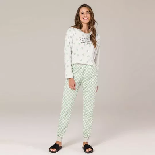 Pijama Com Inscrições- Branco & Verde Claro- Espaço Pijamas