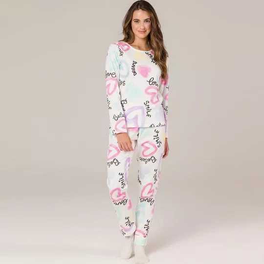 Pijama Corações- Branco & Rosa- Espaço Pijamas