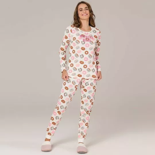 Pijama Donnuts- Branco & Rosa- Espaço Pijamas