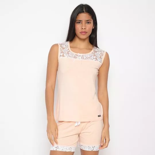 Short Doll Com Renda- Laranja Claro & Off White- Sonhatto