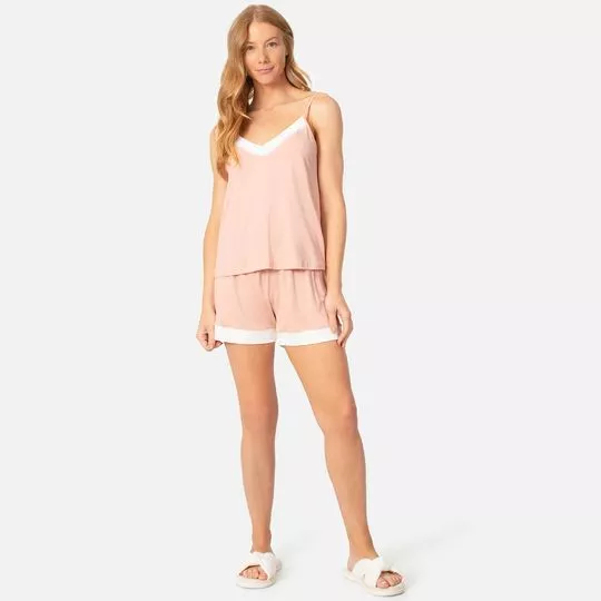 Short Doll Com Recortes- Rosa Claro & Branco- Anna Kock Sleepwear