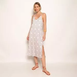 Vestido Midi Listrado<BR>- Off White & Preto