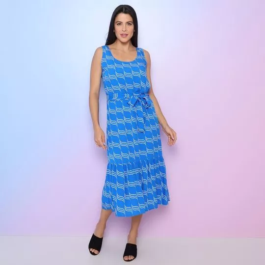 Vestido Midi abstrato- Azul & Off White