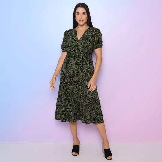 Vestido Midi Folhagens- Preto & Verde Militar