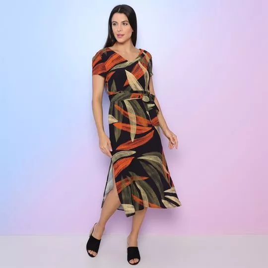 Vestido Midi Abstrato- Preto & Laranja