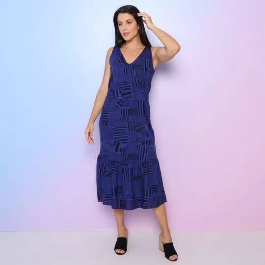 Vestido Midi Abstrato- Azul Escuro & Preto