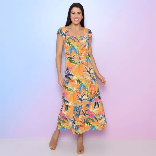 Vestido Midi Folhagens- Laranja & Azul Marinho