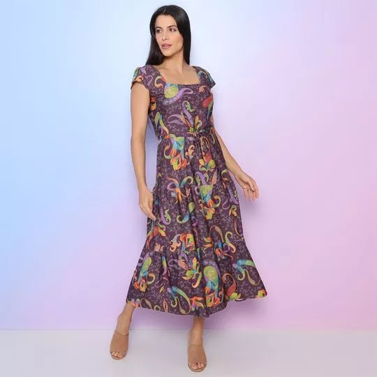 Vestido Midi Com Seda- Roxo Escuro & Laranja