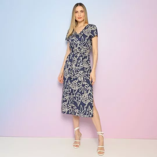 Vestido Midi Folhagens- Azul Marinho & Bege Claro