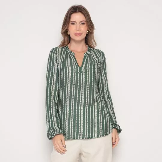 Blusa Listrada- Verde Escuro & Bege Claro