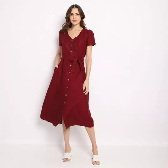 Vestido Midi Com Linho- Vinho