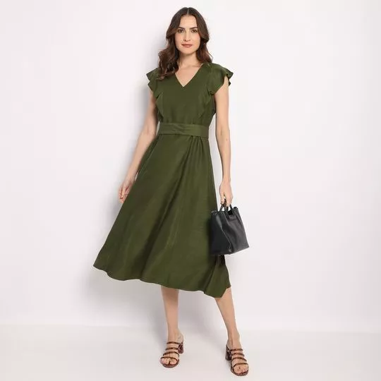 Vestido Midi Com Babados- Verde Militar