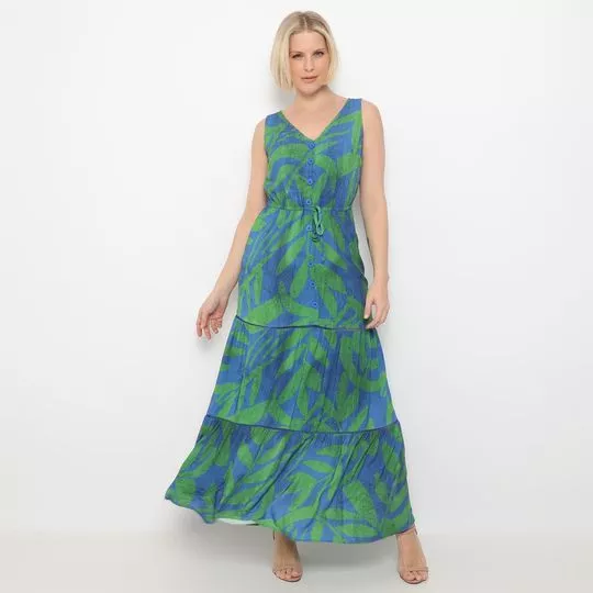 Vestido Longo Folhagens- Azul & Verde