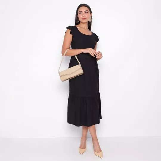 Vestido Midi Com Babados- Preto