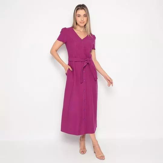 Vestido Midi Com Botões- Rosa Escuro