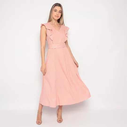 Vestido Midi Com Babado- Rosa Claro