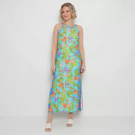 Vestido Midi Floral- Azul Turquesa & Verde