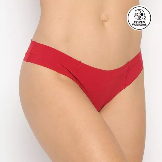 Kit De Calcinhas Tanga Liso- Branco & Vermelho- 2 Pçs- Bonjour