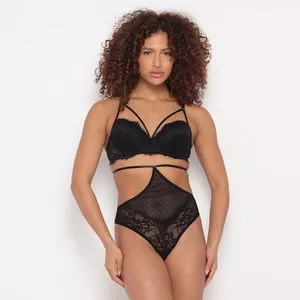 Conjunto De Soutien & Calcinha Tanga Strappy<BR>- Preto