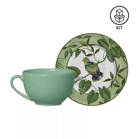 Jogo De Xícaras Para Chá Birds- Branco & Verde- 6Pçs- 200ml- Alleanza Ceramica