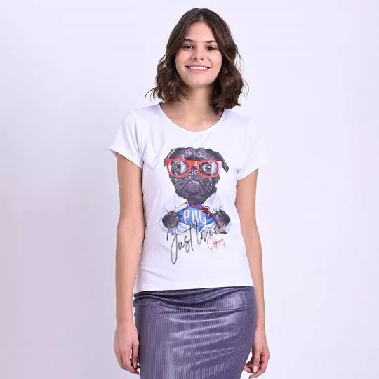 Camiseta Pug- Branca & Cinza Escuro