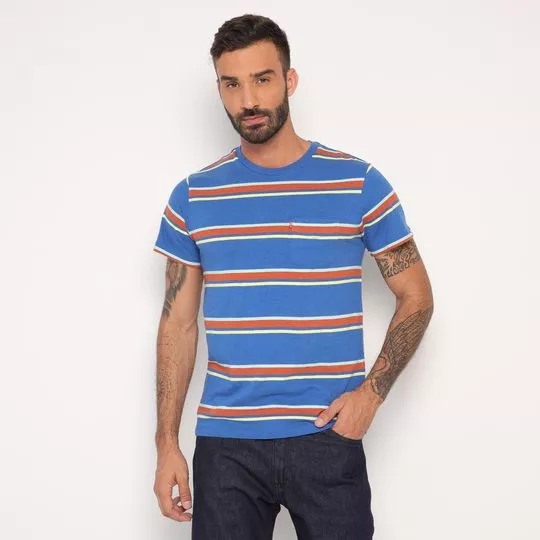 Camiseta SS Classic Pocket Tee- Azul & Laranja Escuro