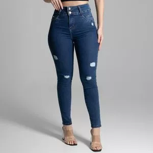 Calça Jeans Skinny Com Puídos<BR>- Azul Escuro
