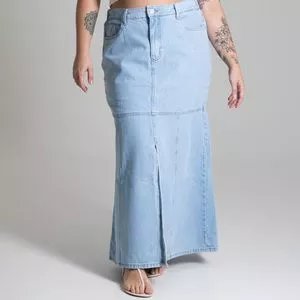 Saia Jeans Longa Com Fenda<BR>- Azul Claro