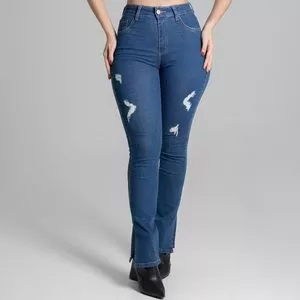 Calça Jeans Skinny Com Fenda<BR>- Azul