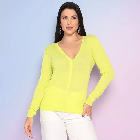 Cardigan Em Tricô- Verde Limão