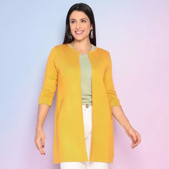 Cardigan Alongado Em Tricô- Amarelo