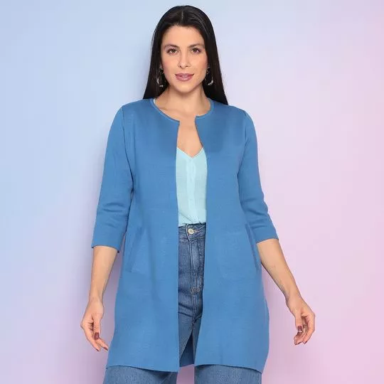 Cardigan Alongado Em Tricô- Azul