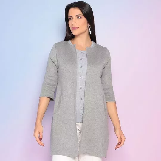 Cardigan Alongado Em Tricô- Cinza