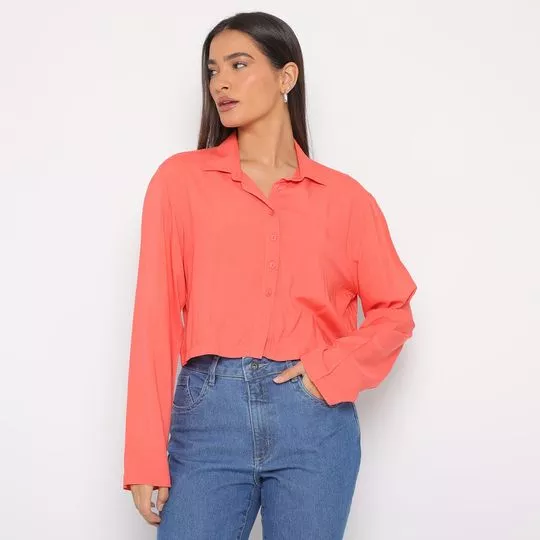 Camisa Cropped Com Recortes- Coral