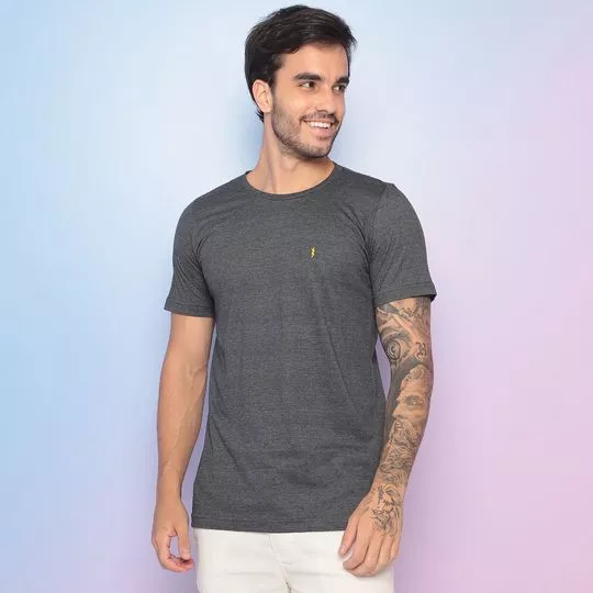 Camiseta Com Bordado- Cinza Escuro & Amarela