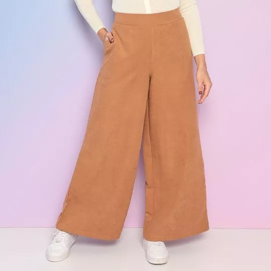 Calça Pantalona Com Bolsos- Marrom Claro