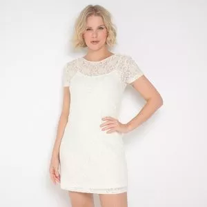 Vestido Curto Em Renda<BR>- Off White