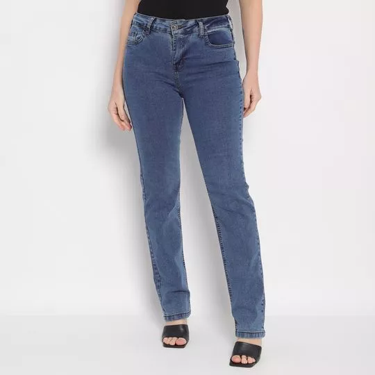 Calça Jeans Reta Com Recortes- Azul