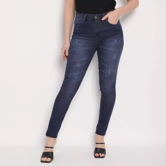 Calça Jeans Skinny Com Puídos- Azul Escuro