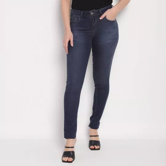 Calça Jeans Skinny Com Recortes- Azul Escuro