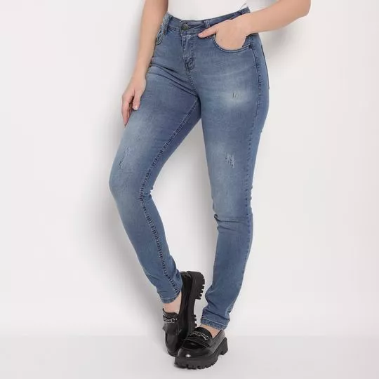 Calça Jeans Skinny Com Puídos- Azul Escuro