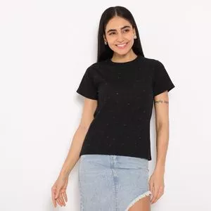 Blusa Canelada Com Aplicações<BR>- Preta