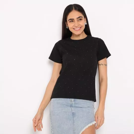 Blusa Canelada Com Aplicações- Preta