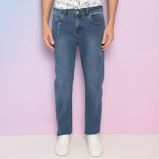 Calça Jeans Reta Com Bolso- Azul Escuro