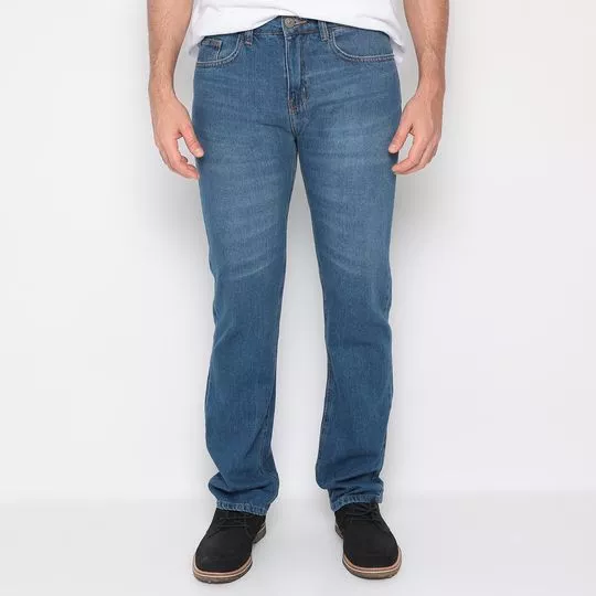 Calça Jeans Reta Com Recortes- Azul