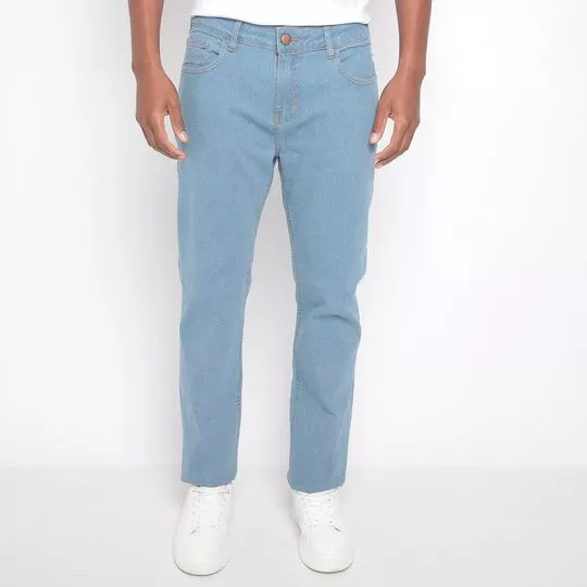 Calça Jeans Reta Com Recortes- Azul Claro