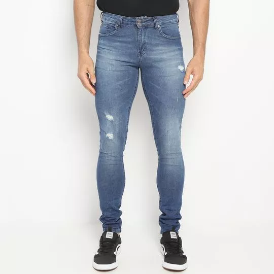 Calça Jeans Skinny Com Puídos- Azul